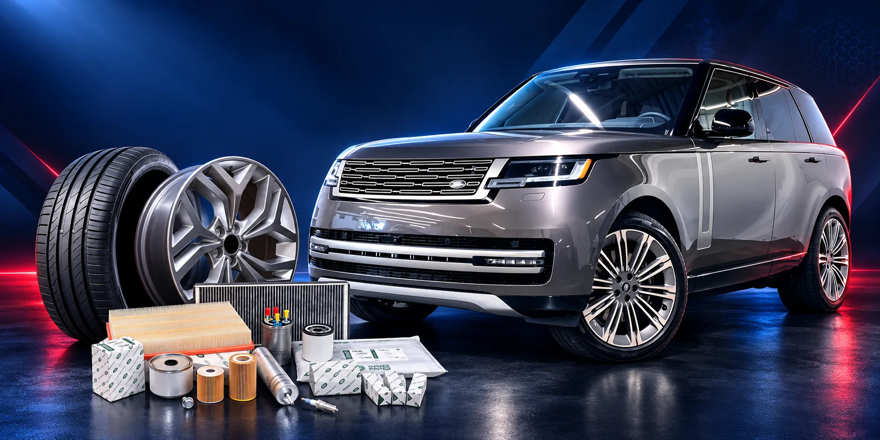 Range Rover with a tyre, alloy wheel and Land Rover parts